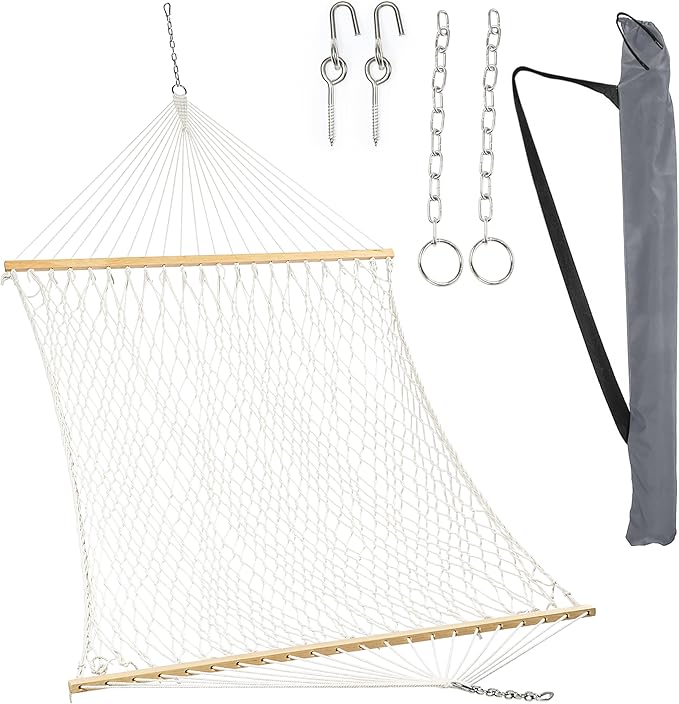 Double Rope Hammock with Hardwood Spreader Bars – Cotton Rope Outdoor Hammock for Patio Backyard Camping Trees – 2 Person Heavy Duty 400 lb Capacity with Carry Bag