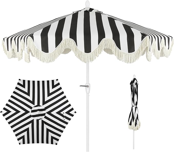JONATHAN Y UMB1001 Collins 9 ft. Classic Cottage Tassel Market Patio Umbrella with Auto-Tilt, Crank, Wind Vent and UV Protection
