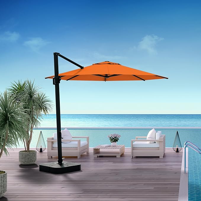 Midtown Umbrellas 10 Ft Outdoor Cantilever Patio Umbrella w/Sunbrella Canvas Tuscan Fabric - 360° Rotate Offset Patio Umbrella, Deck Patio Umbrella, Backyard Umbrella & Garden Umbrella - Black Frame