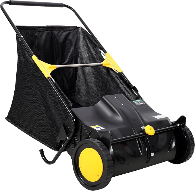 Hand Push Lawn Sweeper, 26 Inch, 7 cu. ft Hopper Bag, Leaf & Grass Collector with Adjustable Brush Height (21 inch)