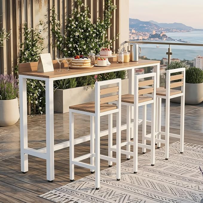 Outdoor Patio Bar Height Table with Baffle, Weather Resistant High Counter Table Porch Pub Tables Wood-Plastic Tabletop, for Poolside Garden Balcony Restaurant Cafe(White,78.7"x15.7"x40.5")
