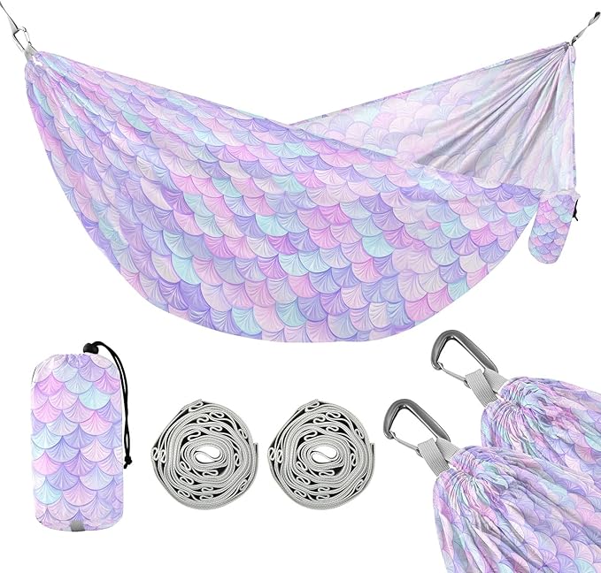 Camping Hammock Outdoor Hammocks for Outside Scale Rainbow Mermaid Beach Trees Portable Lightweight with Pockets Tree Straps Indoor