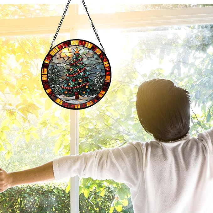 DASTOLL Stained Glass Window Hanging - Winter Christmas Tree Suncatcher Ready to Hang Window Doors Home Decoration, Christmas, Mother's Day Birthday Gifts for Women, Men, and Mom 9.8x9.8 in