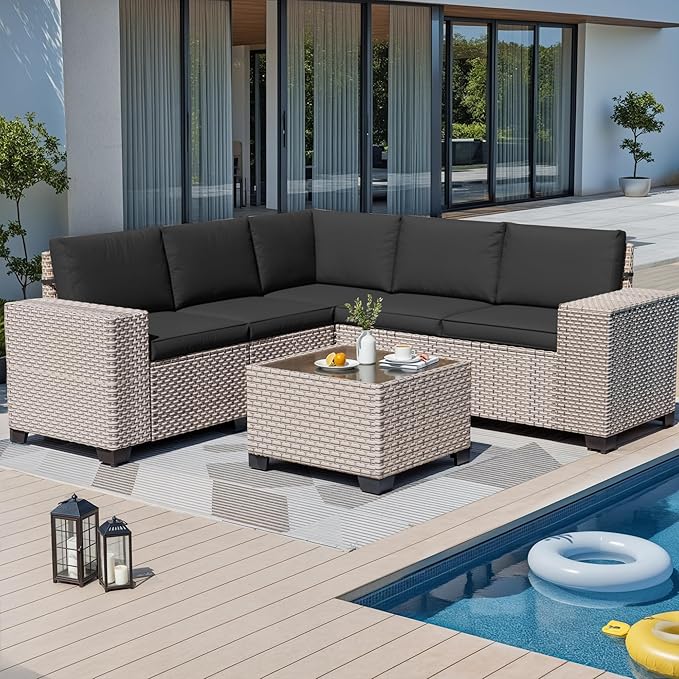 6-Piece Outdoor Patio Furniture Set, Modular Sectional Sofa Set with Glass Coffee Table and Cushions, Wicker Outdoor Couch Conversation Sets, Black
