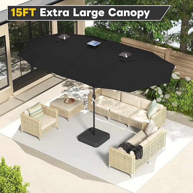 AECOJOY 15ft Patio Umbrella with Solar Lights, Double-Sided Outdoor Market Umbrella with Base Included, Large Pool Umbrella with 156 LED Lights, Crank Lift for Market Deck Backyard, Black(1.9" Pole)