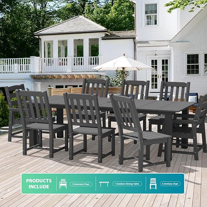 LOUNZY 9 Pieces Patio Dining Sets, Outdoor HDPE Furniture Set for 8 w/ 2" Hole Cut-Out Dining Table with 8 Patio Chairs(2 W/Armrest, 6 w/o Armrest), Gray