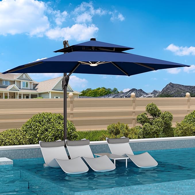 9' X 12' Cantilever Patio Umbrella with Base Included and Led Lights Double Top Rectangular Outdoor Large Offset Umbrellas with 7 Tilts Adjustable 360°Rotation for Deck Pool Garden Backyard, Navy