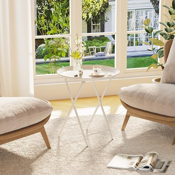 Garden 4 you Folding TV Tray Table, Metal Round Side Table, White Dinner Table with Metal Frame, Modern Outdoor Tray Table for Living Room, Bedroom, Patio & Small Spaces, 2 Packs