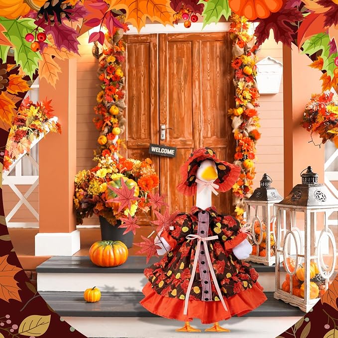FuWeave Fall Porch Goose Outfit Maple Goose Costume Fancy Porch Geese Clothes with Wide Hat for 23" 17" Outdoor Patio