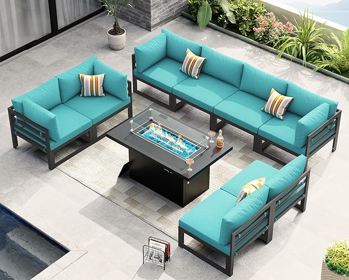 NICESOUL 9 Piece Modern Aluminum Patio Furniture Set with Fire Pit Table, 500 lbs Heavy Duty Outdoor Sectional Sofa, 29" Deep Wide Oversized Seating L Shaped Conversation Couch for Garden, Turquoise