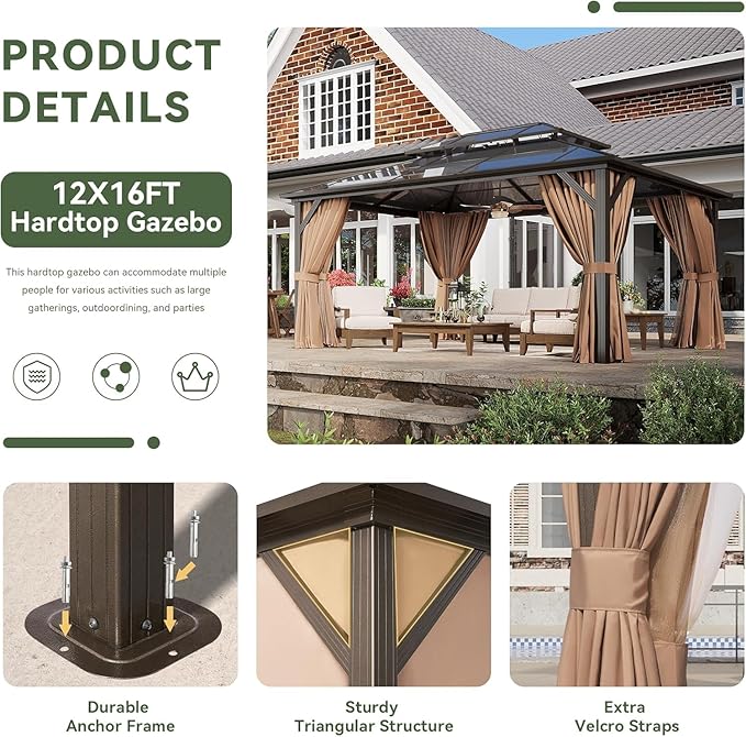 Aoxun 12'x16' Hardtop Gazebo, Outdoor Metal Gazebo with Double Polycarbonate Roof Canopy, Permanent Pavilion with Netting and Curtains for Lawn, Garden, Patio (Brown)
