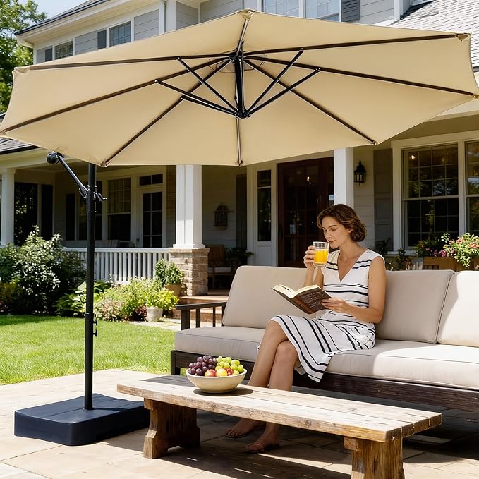 OLILAWN Cantilever Offset Patio Umbrellas, Outdoor 10 feet Large Patio Umbrella with Base Included, Upgraded Yarn-dyed Fabric Shade, Sturdy 8 Rids, 360 Degree Rotation & Easy Tilt Adjustment, for Resort Courtyard Hotel Leisure Zone Commercial Leisure T...