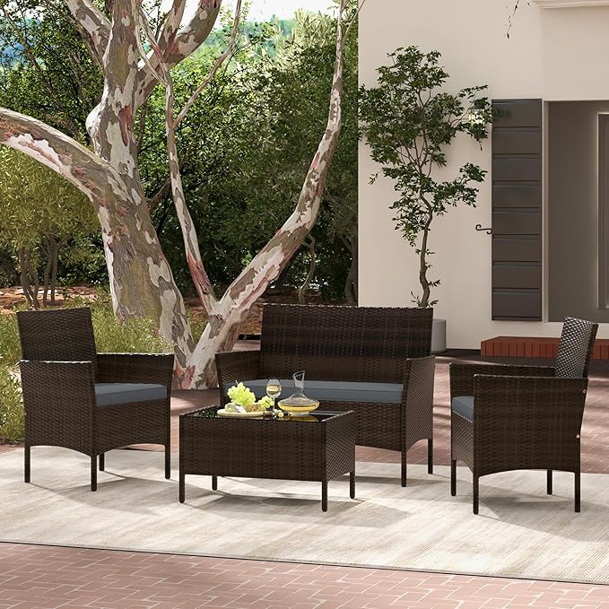 Tangkula 8 Piece Patio Rattan Conversation Set, Outdoor Wicker Furniture Set with Chair, Loveseat & Tempered Glass Table, Cozy Seat Cushions, Outside Sectional Sofa Set for Backyard, Porch (2, Grey)