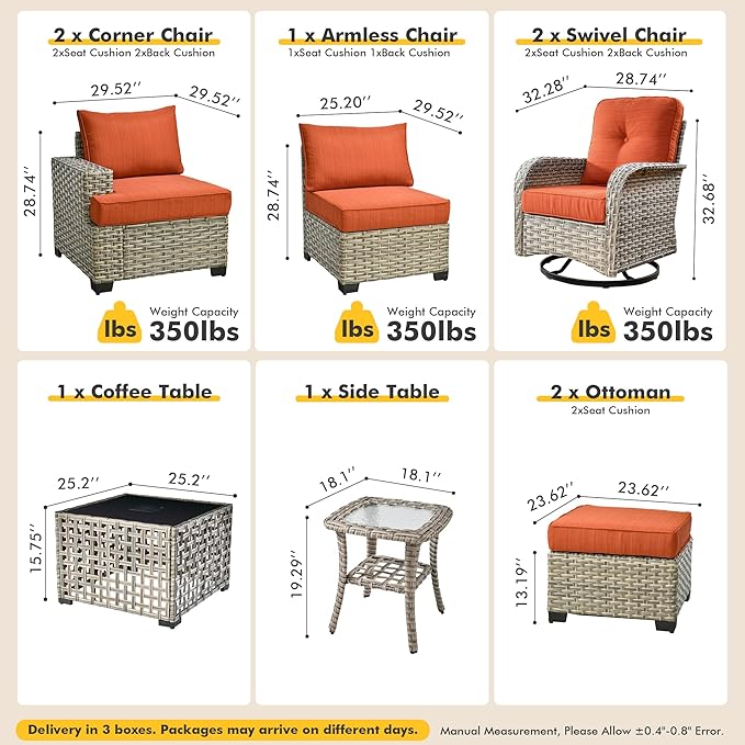 9 Pcs Outdoor Sectional Patio Furniture Set with Swivel Rocking Chair and Ottomans - All Weather Wicker Outside Sectional Couch,Patio Seating Outdoor Conversation Sets for Deck Yard Garden,Orange Red