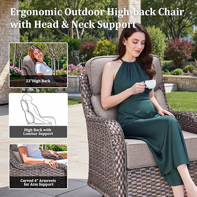 Luxury High Back Patio Furniture Set Fire Pit Table with 6-Inch Thick Cushions, 5-Pieces Outdoor Furniture w/ 4 Swivel Chairs, Wicker Conversation Set for Porch, Balcony, Deck and Yard, Brown/Grey