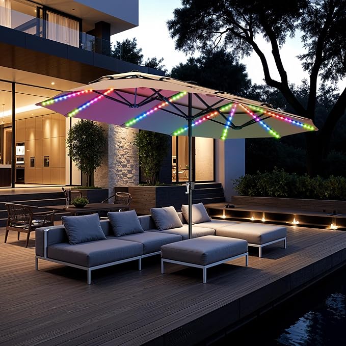 PHI VILLA 13ft Patio Umbrella with 120 PCS Solar-Powered LED Color-Changing Lights, 2-Tier Double-Sided Large Rectanglular Umbrella with Base Included, Beige&Tan