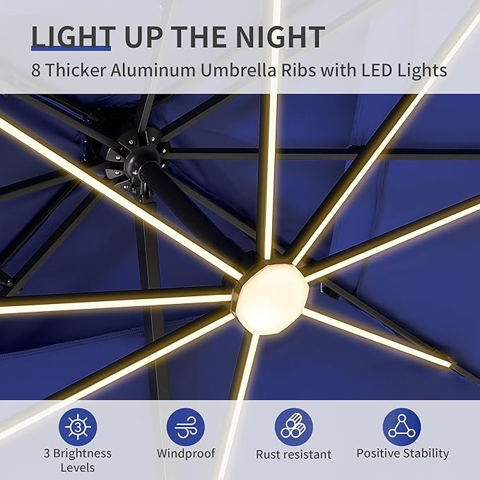 10 X 13 FT Cantilever Patio Umbrella with Led Lights Outdoor Rectangle Offset Large Double Top Heavy Duty Umbrellas with 360°Rotation for Pool Deck Backyard Garden, Navy