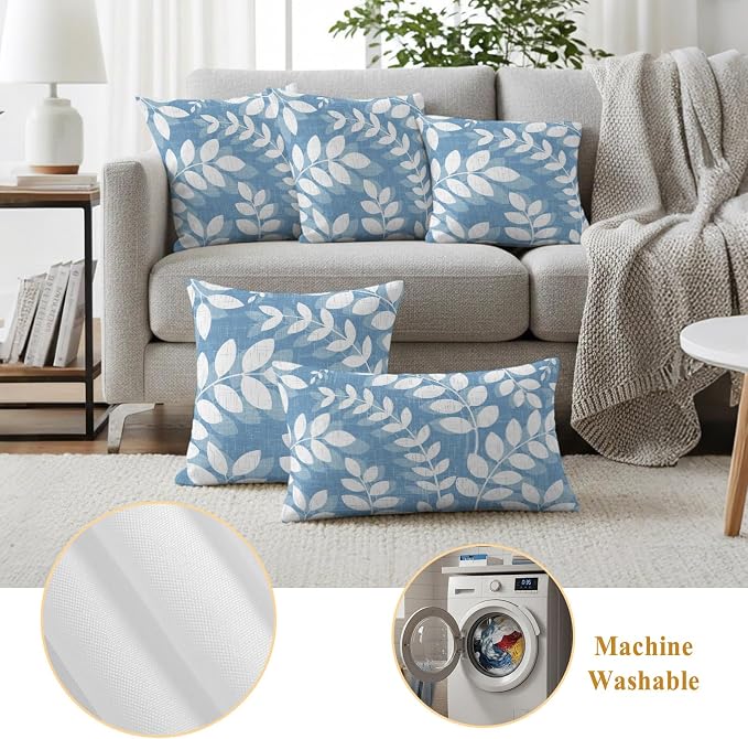 Sky Blue Leaves Outdoor Waterproof Throw Pillow Covers 26x26 Set of 2, Farmhouse Botanical Branch Vintage Boho Leaf Decorative Pillowcases Cushion Pillowcase for Couch Sofa Patio Pillow Protector