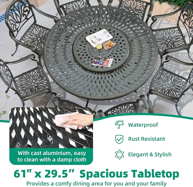 VIVIJASON Outdoor 61" Patio Dining Table for 6-8 Person, Patio Large Round Dining Table with Lazy Susan, All Weather Cast Aluminum Rustic Patio Table with 2" Umbrella Hole for Balcony, Porch and Deck