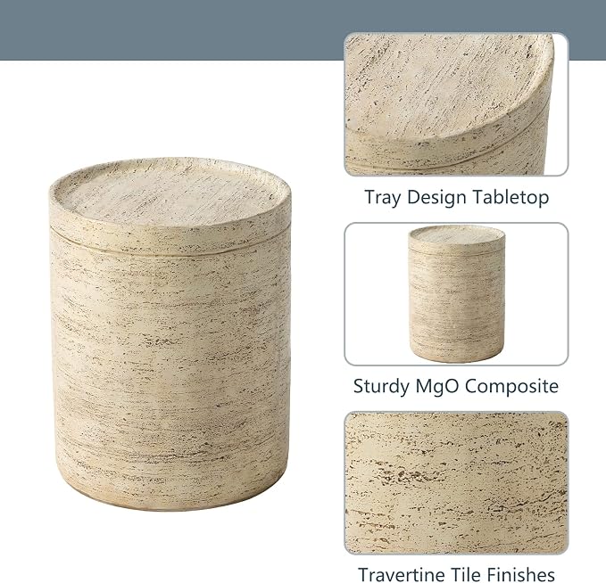 COSIEST Outdoor Side Table, Cylinder Shaped MgO Patio End Table, Lightweight Accent Table with Tray Top, Round Plant Stand Tool for Garden and Deck, Beige