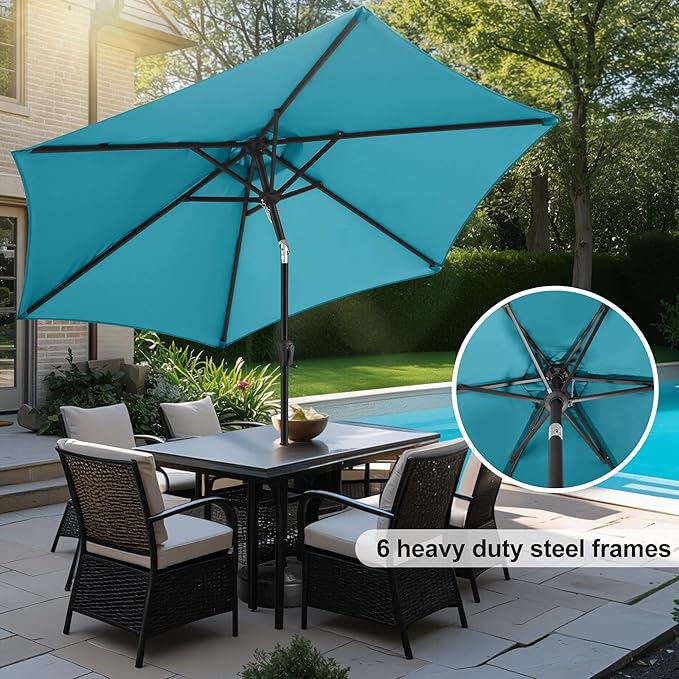 FLAME&SHADE 10ft Patio Umbrella - Outdoor Umbrella with 6 Sturdy Ribs, Push Button Tilt and Crank, UV Protection Table Market Umbrella for Pool, Porch, Garden, Deck, Backyard (Aqua Blue)