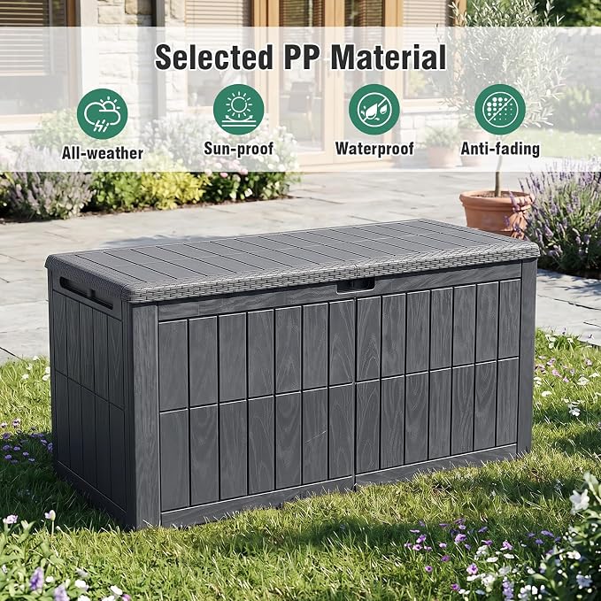 Tangkula 120 Gallon Outdoor Storage Box, Waterproof PP Resin Patio Storage Box with Lockable Lid for Indoor & Outdoor Use, 2-in-1 Rattan Design Deck Box for Cushions, Garden Tools
