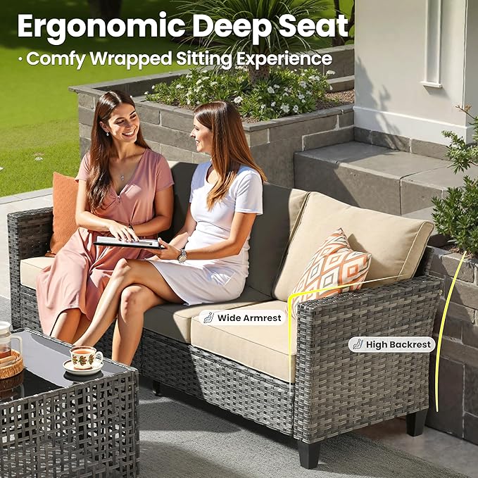 ovios 7 Pieces Patio Furniture Set with 42" Fire Pit Table, Outdoor Sofa Couch with Solar Lights Table Comfy Cushions, Modern Deep Seat Wicker Rattan Conversation Set, Beige