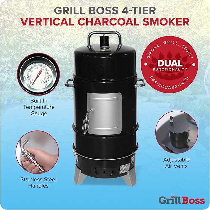 Grill Boss 4 Tier Vertical Freestanding Charcoal Smoker Portable BBQ Grill with Temperature Gauge for Outdoors, 564 Square Inch Cooking Area, Black