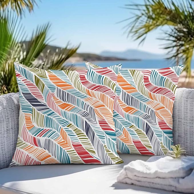 Vandarllin Outdoor Throw Pillows Covers 26x26 inch Set of 2 Waterproof Summer Beach Decorative Zippered Cushion Covers for Patio Furniture, Orange Blue Abstract Leaf Lines Lumbar Pillowcases