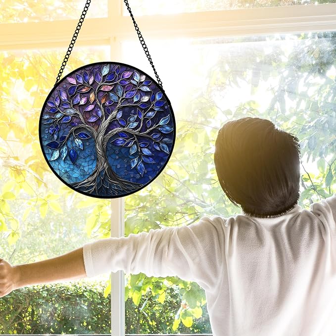 DASTOLL Stained Glass Window Hanging, Blue Purple Tree of Life Sun Catchers Colorful Glass Panel Plants Suncatcher Decor for Birthday for Women,Men,Wife, Lovers, and Mom 9.8 in
