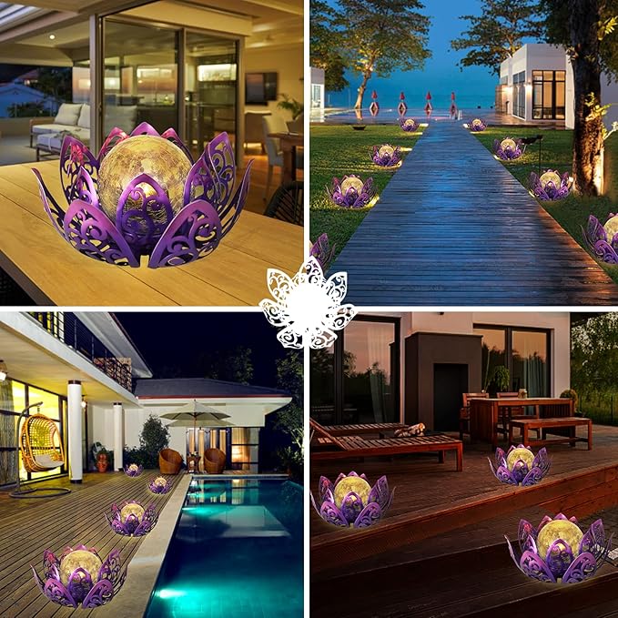 Afirst Solar Lights Outdoor, Lotus Lamp Metal Glass Crackle Solar Lantern Valentine's Day Gift Decorative Waterproof Landscape Path Light for Patio,Lawn,Walkway,Tabletop,Pathway Garden Decor