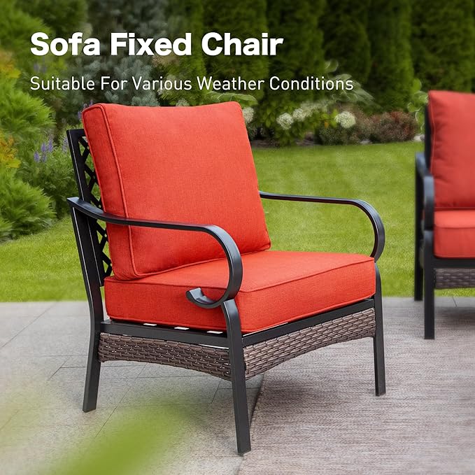 4 Piece Metal Outdoor Patio Furniture Set, Patio Conversation Sets 1 3-Seater Sofa, 2 Chairs with 5.75" Extra Thick Cushion and Coffee Table, Black Frame Backyard Furniture, Rust Red