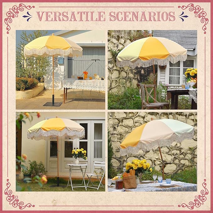 LAGarden Fringe Patio Umbrella with Carry Bag & Cover Vintage Wood for Event Outdoor Garden Yard Wedding Bistro Table