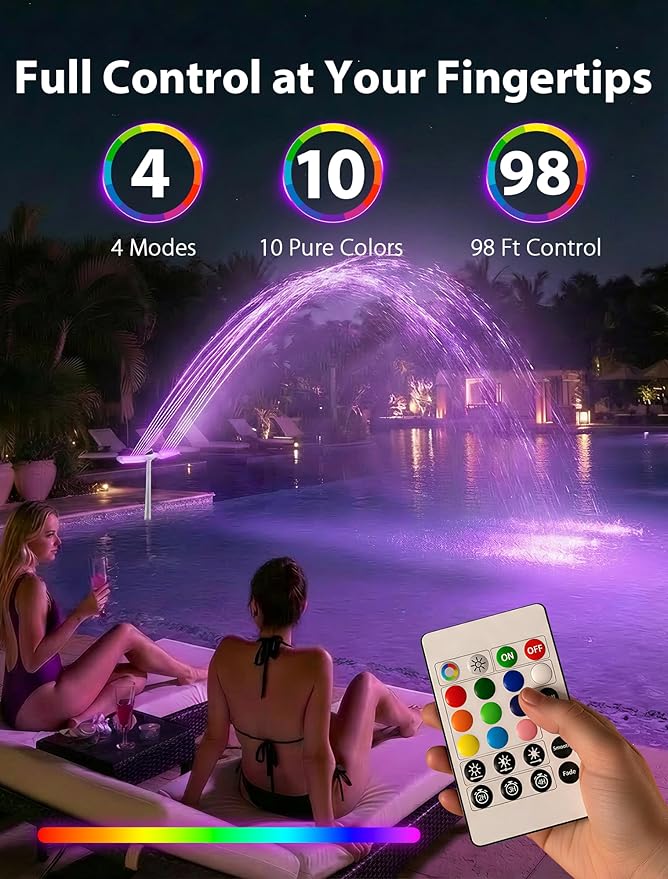 2026 Height Upgrade Solar Pool Fountain with 10-Color 4-Modes Lights, Dual Spray Waterfall Sprinkler 360° Adjustable, Compatible with Above & Inground Pools for Cooler Relaxation (White)