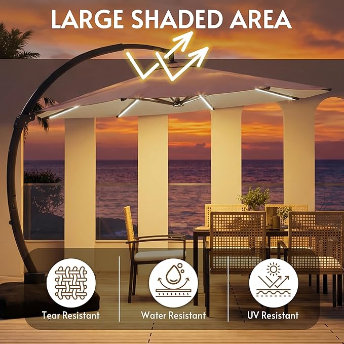 12FT Solar Powered LED Light Cantilever Patio Umbrella with Base Included, Large Cantilever Umbrella with 360°Rotation, Heavy-Duty Offset Outdoor Umbrella for Patio,Pool,Backyard (Champagne)