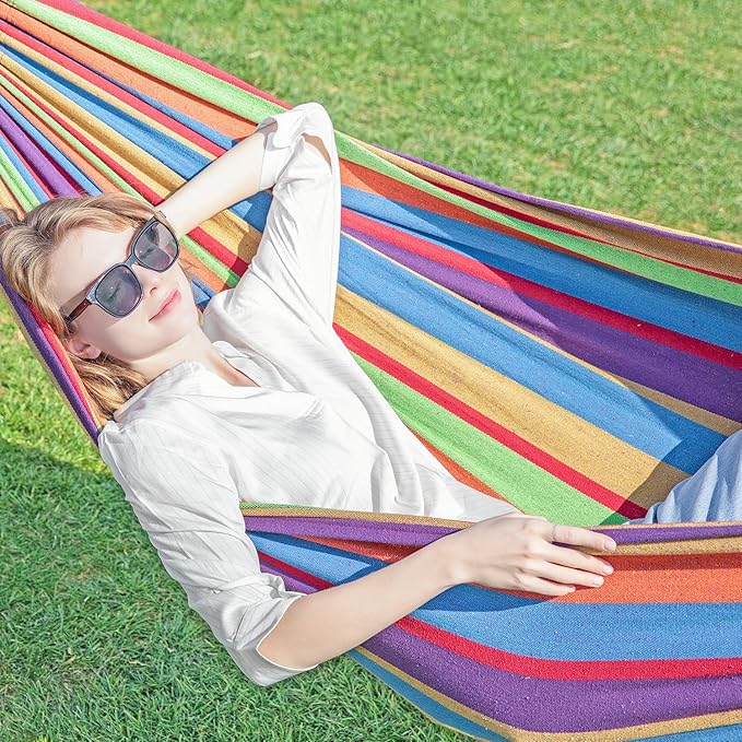 Double Hammock with Stand for Outside, Upgraded Spreader Bar, Heavy Duty Space Saving Steel Stand 2 Person, Side Pockets, Easy Assembly, 600lbs Weight Capacity, Indoor & Outdoor (Classic Red)