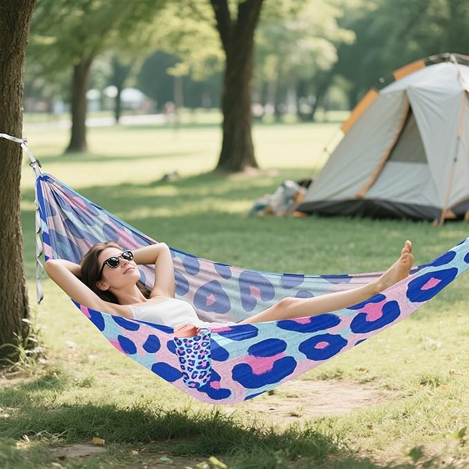 Blue-Pink Leopard Print 330lb Capacity Hammocks Rope Hammock for Outside Patio Garden hamaca con soporte para adultos