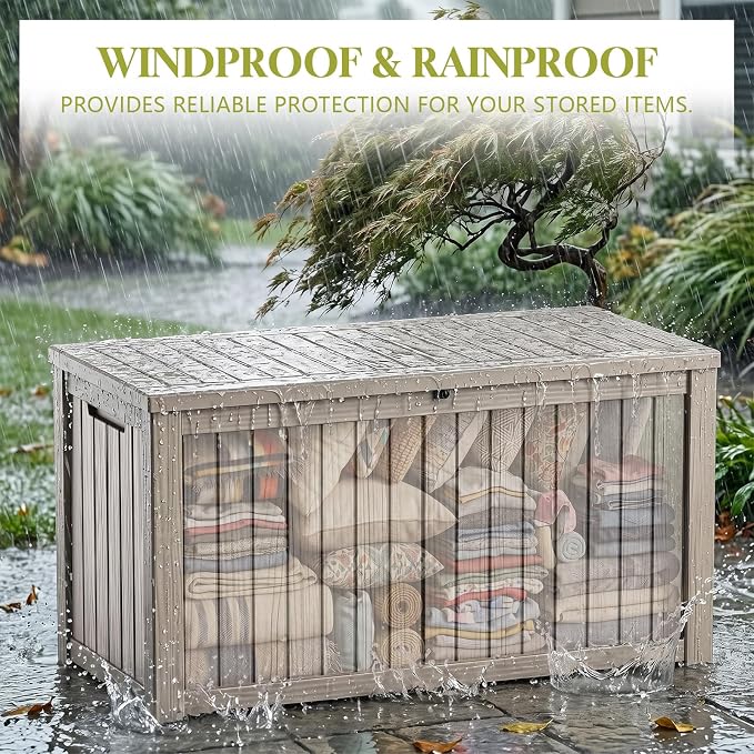 Waterproof Outdoor Storage Box Outside Deck Box Lockable Resin Bench UV Resistant Furniture Cushion Pool Tool Float Bin Patio Garden Porch (Grey, 180 Gallon)