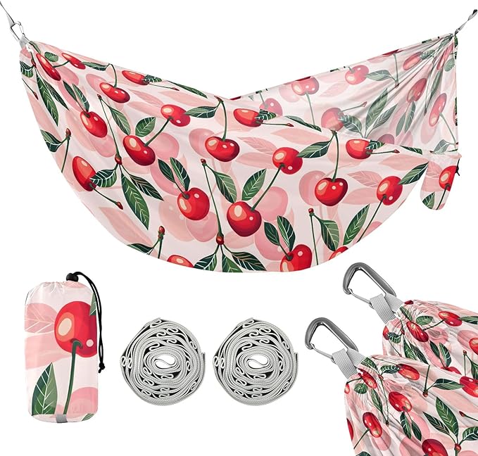 Camping Hammock Outdoor Hammocks for Outside Cherry Pink Beach Trees Portable Lightweight with Pockets Tree Straps Indoor Small