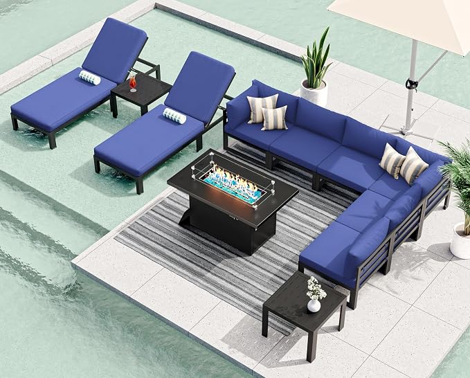 RADIATA 11 Piece Large Modern Aluminum Patio Furniture Set, Fade Resistant Modular Outdoor Conversation Set with Lounge & Fire Pit Table, 500 lbs Durable Modular Sectional Sofa for Garden, Navy Blue