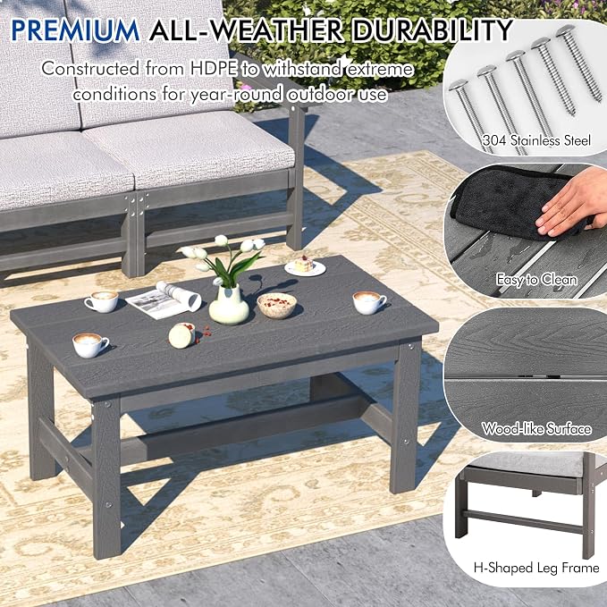 4-Piece HDPE Patio Furniture Set, All-Weather Outdoor Sectional Sofa Set with Coffee Table & Cushions - Wood-Like Composite Conversation Couch for Deck, Lawn, Balcony - Grey Frame
