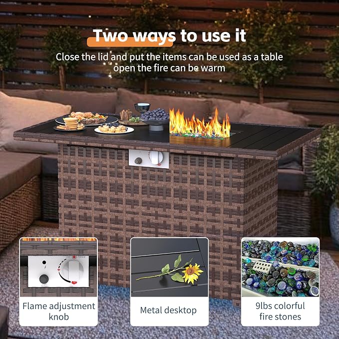 UDPATIO Patio Furniture Set with Fire Pit Table, 5 Piece Outdoor Sectional Sofas, All-Weather Wicker Conversation for Garden, Backyard, Navy Blue