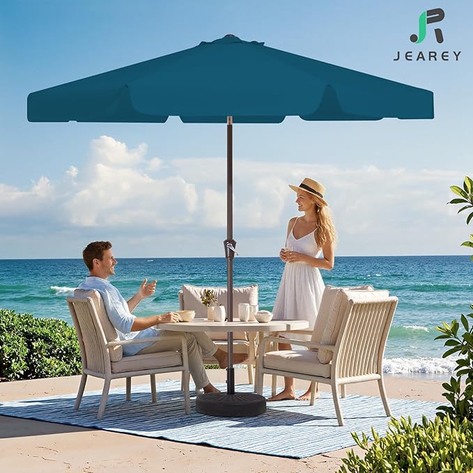 JEAREY 9 FT Patio Umbrella Outdoor, Table Umbrellas Market Umbrella w/Push Button Tilt/Crank, 8 Sturdy Ribs(Cerulean)