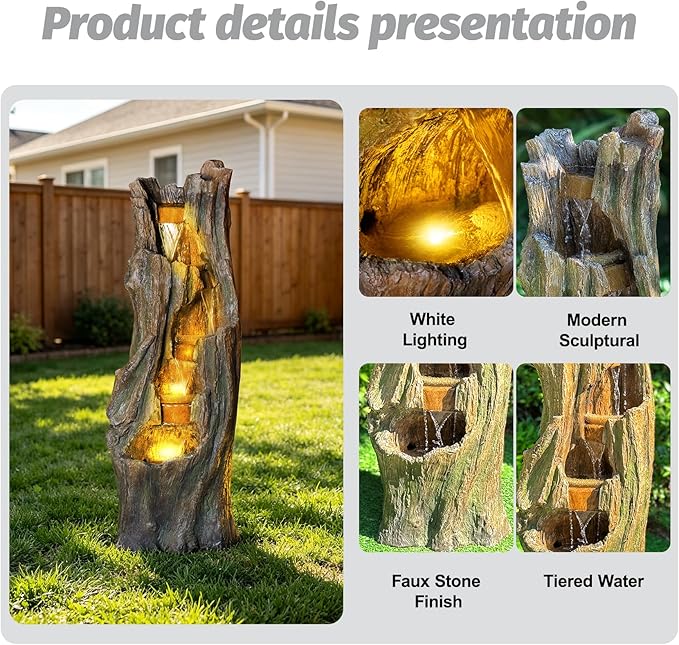Waterfall Fountain Outdoor Garden Tree Trunk Cascading Water Feature with LED Lights Tall Resin Fountain for Patio Backyard Porch Lawn Relaxing Waterfall Decor 41 Inch