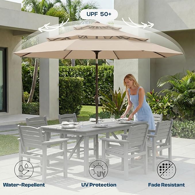 10ft Patio Umbrella, 3 Tier Outdoor Market Table Umbrellas with 8 Fiberglass Ribs and Push Button Tilt, Windproof, Vented Canopy, UV Protection for Deck, Pool, Backyard