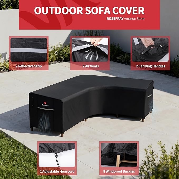 Rosefray 600D Outdoor L-Shaped Sectional Cover,Heavy Duty Anti UV Patio Sectional Sofa Cover with Air Vent, Waterproof Furniture Covers for Deck, Lawn,Backyard Right Facing 105''x85'' Black