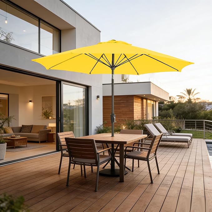 9FT Outdoor Patio Umbrella Outdoor pool Umbrella with Push Button Tilt and Crank, Market Umbrella 8 Sturdy Ribs UV Protection for Garden, Deck, Backyard (Yellow)