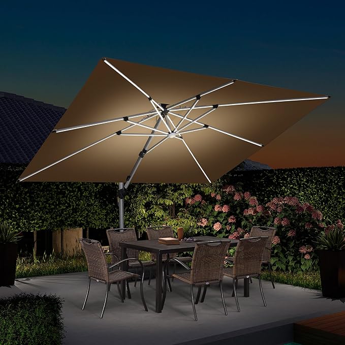 PURPLE LEAF 9' X 12' Double Top Deluxe Solar Powered LED Rectangle Patio Umbrella Offset Hanging Umbrella Outdoor Market Umbrella Garden Umbrella, Beige