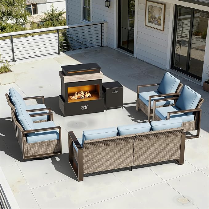 6 Pieces Wicker Patio 75" Sofa Set with 2 Armchairs, 2 Swivel Chairs, Fireplace, All Weather Rattan Outdoor Conversation Furniture Set with Metal Armrest & Removable Cushions for Deck, Baby Blue