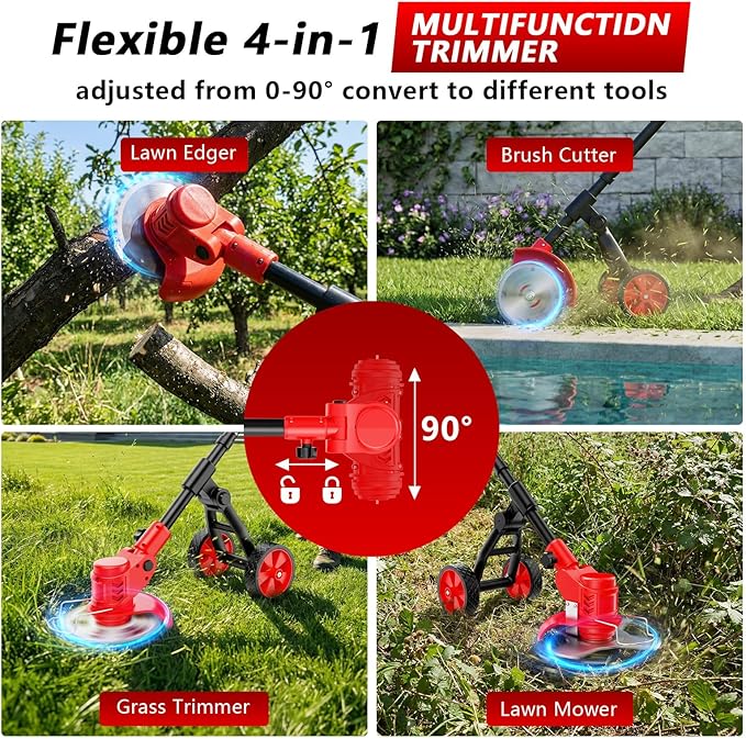 Electric Weed Wacker Cordless, 4000mAh Weed Eater Battery Powered with Wheel, 4 in 1 Grass Trimmer/Heavy Duty Brush Cutter/Lawn Edger/Weed Trimmer, No String Trimmer with Blade, 2 Battery Garden Tool